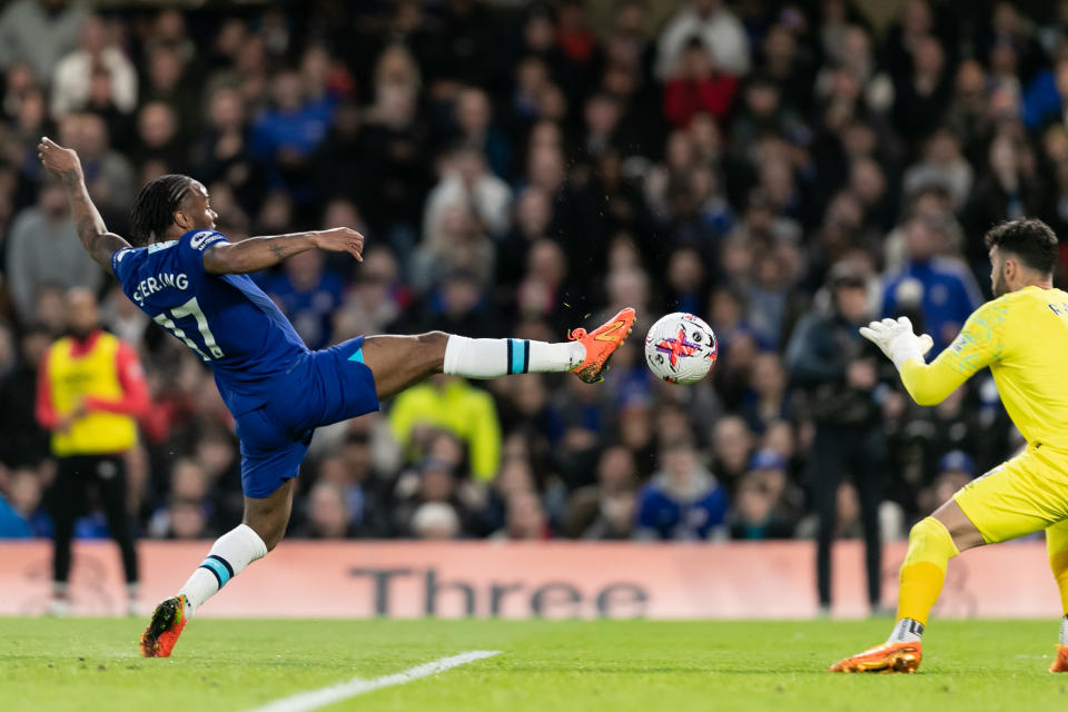 LONDON, ENGLAND - APRIL 26: Raheem Sterling of Chelsea shoots during the Premier League match between Chelsea FC and Brentford FC at Stamford Bridge on April 26, 2023 in London, United Kingdom. (Photo by Gaspafotos/MB Media/Getty Images)