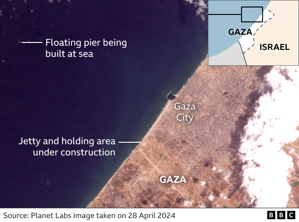 Map showing the locations of the US floating pier under construction off the coast of Gaza and a jetty and holding area in northern Gaza