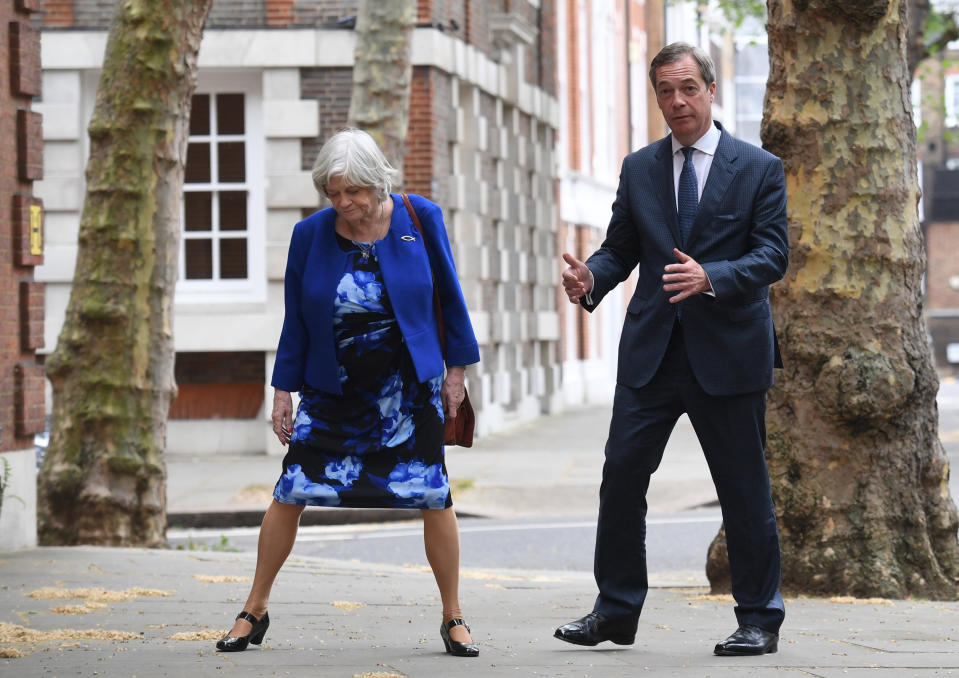 Leader of the Brexit Party Nigel Farage with former Tory minister Ann Widdecombe, who has defected from the Conservatives to join the Brexit Party, in Westminster, London.