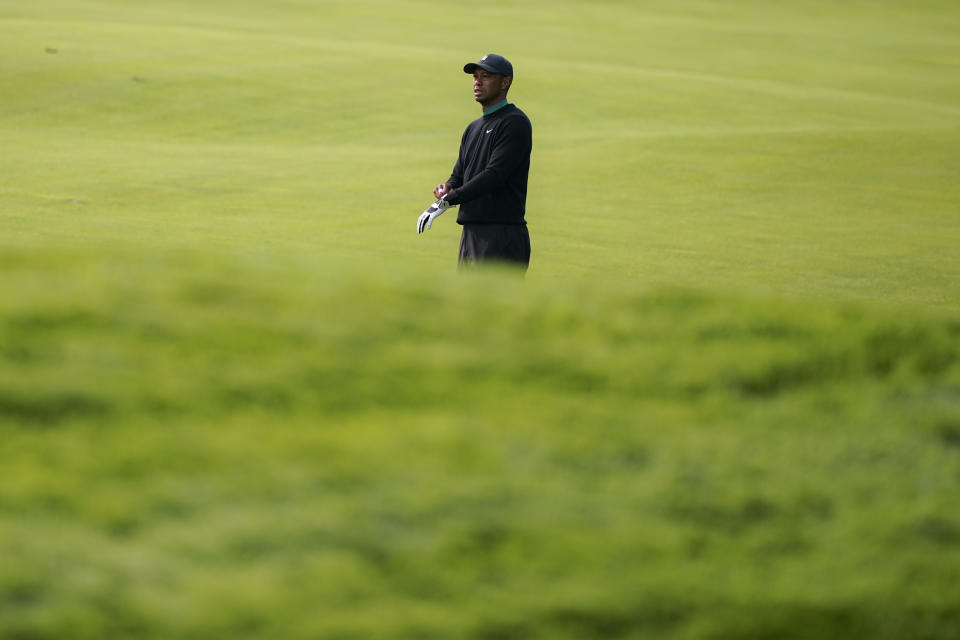 Tiger Woods walks the 11th fairway during practice before the U.S. Open Championship golf tournament at Winged Foot Golf Club, Tuesday, Sept. 15, 2020, in Mamaroneck, N.Y. (AP Photo/John Minchillo)