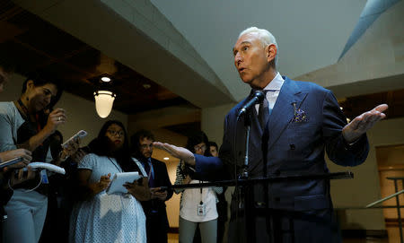 U.S. political consultant Roger Stone, a longtime ally of President Donald Trump, speaks to reporters after appearing before a closed House Intelligence Committee investigating Russian interference in the 2016 U.S. presidential election at the U.S. Capitol in Washington, U.S., September 26, 2017. REUTERS/Kevin Lamarque