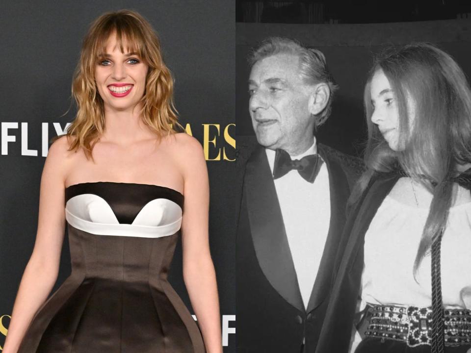 Maya Hawke at Netflix's "Maestro" Los Angeles Photo Call at Academy Museum of Motion Pictures, and Leonard Bernstein with his daughter, Jamie Bernstein, at the opening of the Metropolitan Opera in 1969.