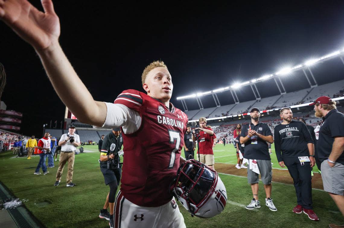 South Carolina quarterback Spencer Rattler (7) greets fans following the Gamecocks’ game at Williams-Brice Stadium in Columbia on Saturday, September 23, 2023.
