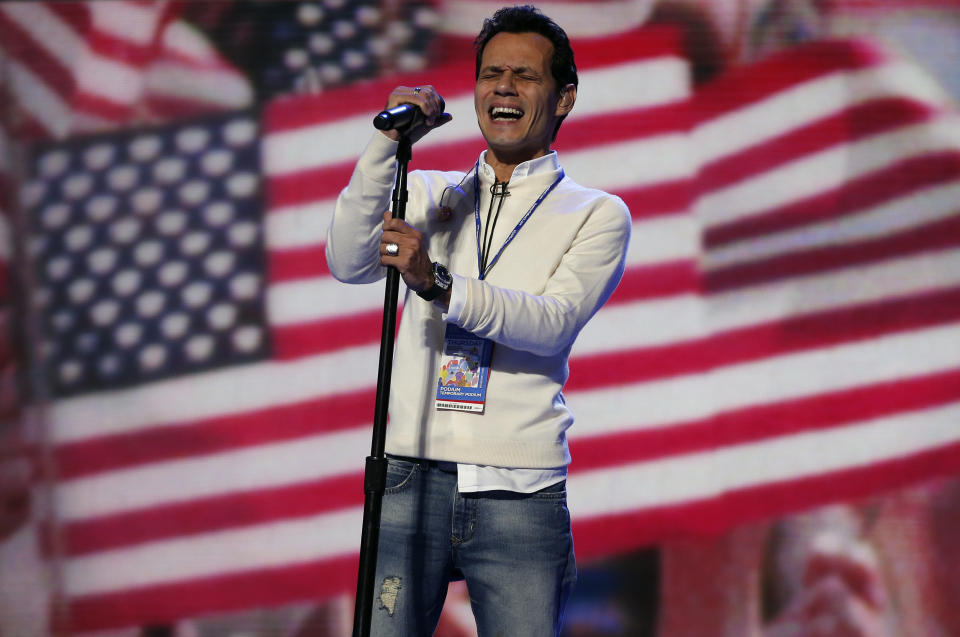 Singer Marc Anthony rehearses the national anthem prior to the final session of the Democratic National Convention in 2012.