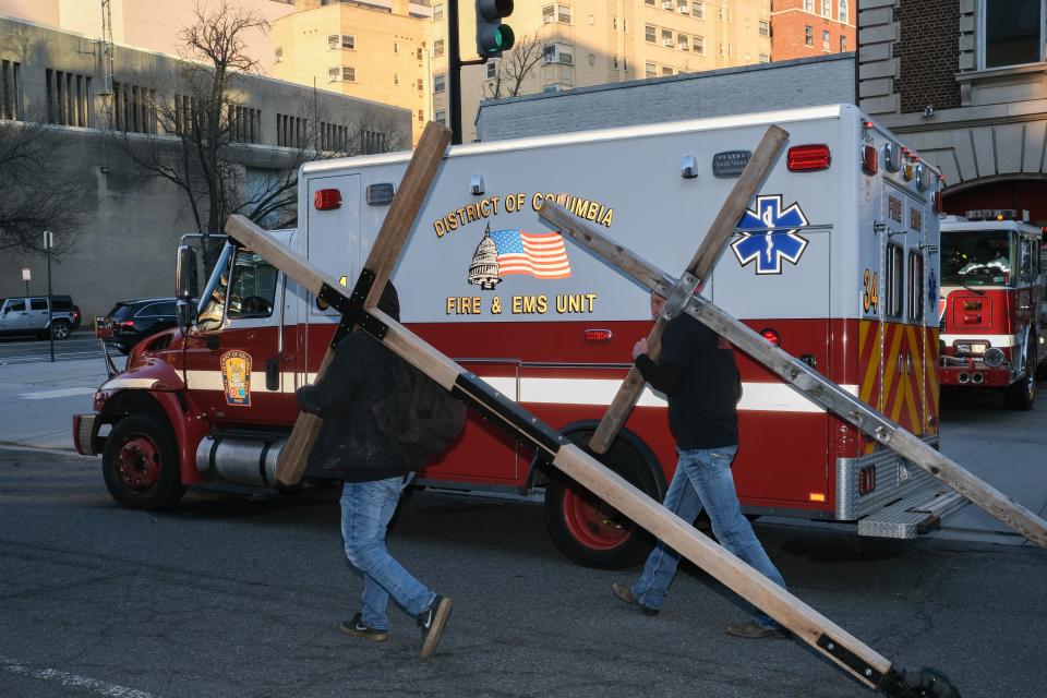 A group of Christians from Texas head back to their hotel.