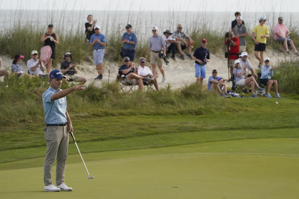 Kevin Streelman reacts to a birdie on the 16th green during the third round at the PGA Championship golf tournament on the Ocean Course, Saturday, May 22, 2021, in Kiawah Island, S.C. (AP Photo/Chris Carlson)