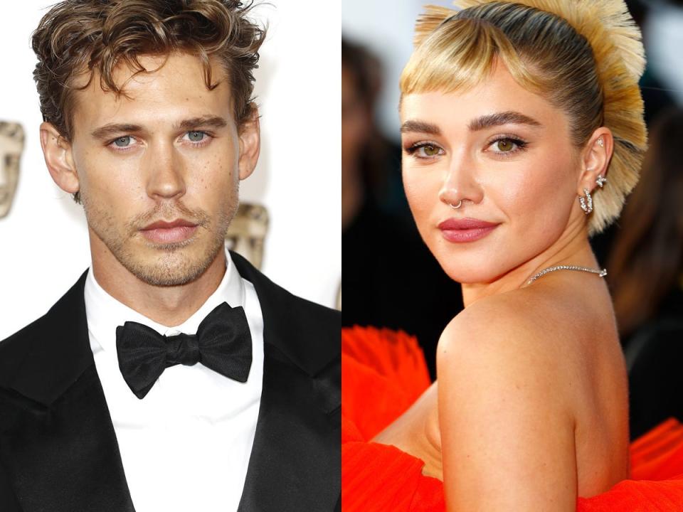 A side-by-side image of Austin Butler, posing for photos in a tuxedo, and Florence Pugh, smiling for the camera over her left shoulder in an orange strapless gown.
