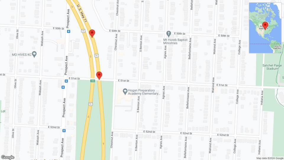 A detailed map that shows the affected road due to 'Broken down vehicle on northbound the Bruce R Watkins Expressway/US-71 in Kansas City' on July 21st at 3:47 p.m.