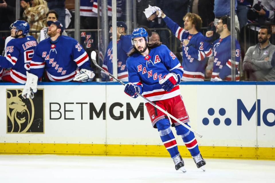 New York Rangers center <a class="link " href="https://sports.yahoo.com/nhl/players/5367/" data-i13n="sec:content-canvas;subsec:anchor_text;elm:context_link" data-ylk="slk:Mika Zibanejad;sec:content-canvas;subsec:anchor_text;elm:context_link;itc:0">Mika Zibanejad</a> (93) celebrates after scoring his second goal of the game in the first period against the Carolina Hurricanes in game one of the second round of the 2024 Stanley Cup Playoffs at Madison Square Garden. Wendell Cruz/Wendell Cruz-USA TODAY Sports