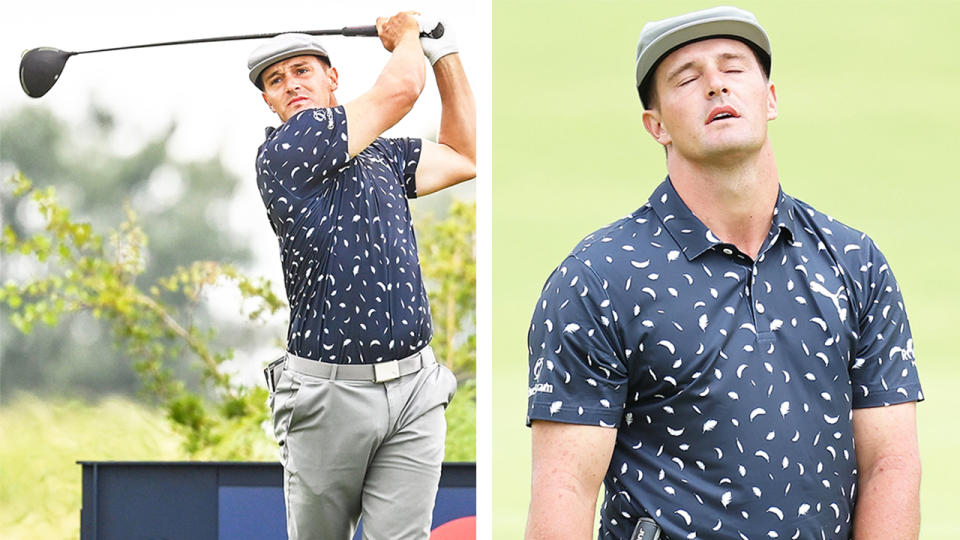 Bryson DeChambeau (pictured left) hitting a drive and (pictured right) frustrated at the British Open.