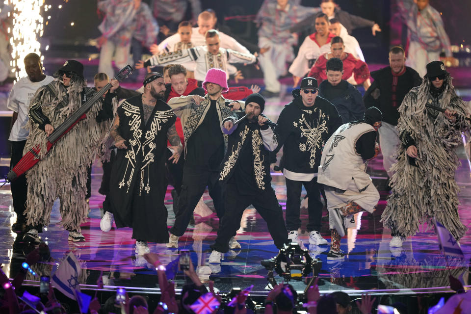 Kalush Orchestra of Ukraine performs during the Grand Final of the Eurovision Song Contest in Liverpool, England, Saturday, May 13, 2023. (AP Photo/Martin Meissner)