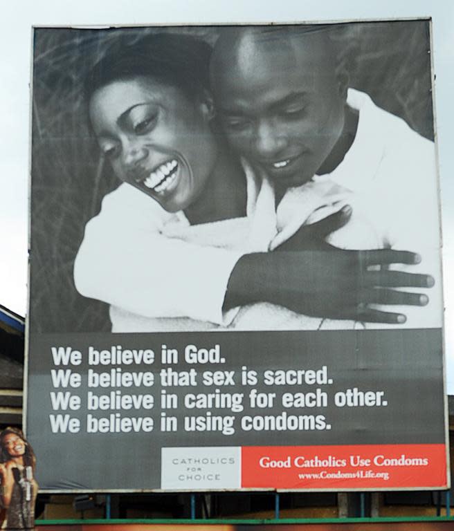 A picture taken in Nairobi on May 9, 2013 shows a billboard promoting the use of condoms by a US-based Catholic group calling itself "Catholics for choice"