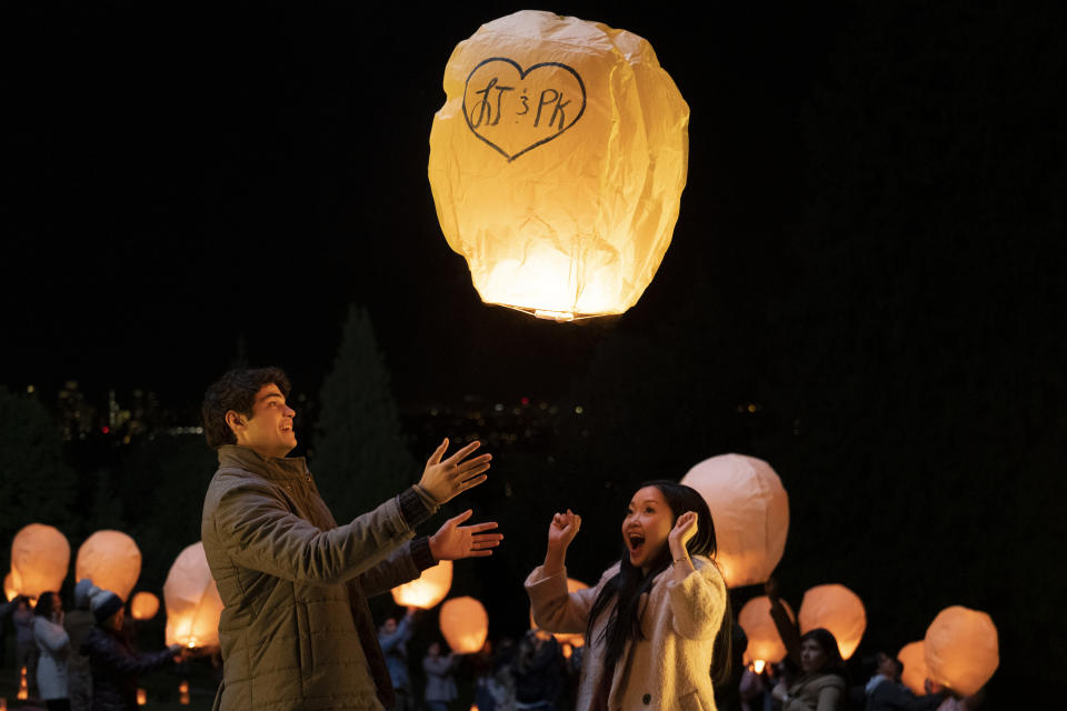 In this undated image provided by Netflix is Lana Condor, right, and Noah Centineo in a scene from the film, "To All The Boys: P.S. I Still Love You." (Bettina Strauss/Netflix via AP)