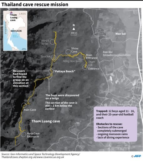 Map showing the cave system in Thailand where 12 children have been trapped with their football coach since June 23. Source: AFP