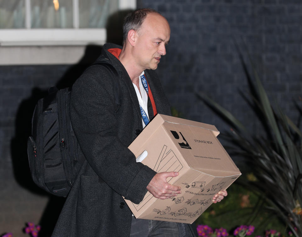 Prime Minister Boris Johnson's top aide Dominic Cummings leaves 10 Downing Street, London, with a box, following reports that he is set to leave his position by the end of the year. (Photo by Yui Mok/PA Images via Getty Images)