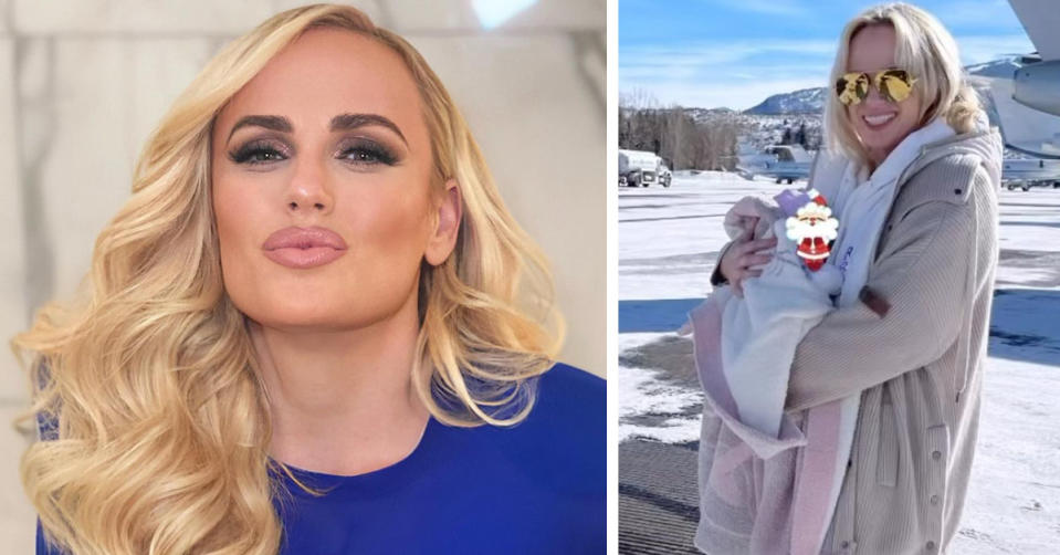 L: Rebel Wilson pouts for the camera before an event. R: Rebel Wilson holds her baby Royce Lillian in the snow