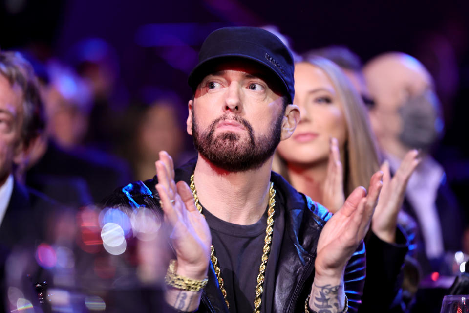 LOS ANGELES, CALIFORNIA - NOVEMBER 05: Inductee Eminem attends the 37th Annual Rock & Roll Hall of Fame Induction Ceremony at Microsoft Theater on November 05, 2022 in Los Angeles, California. (Photo by Theo Wargo/Getty Images for The Rock and Roll Hall of Fame)