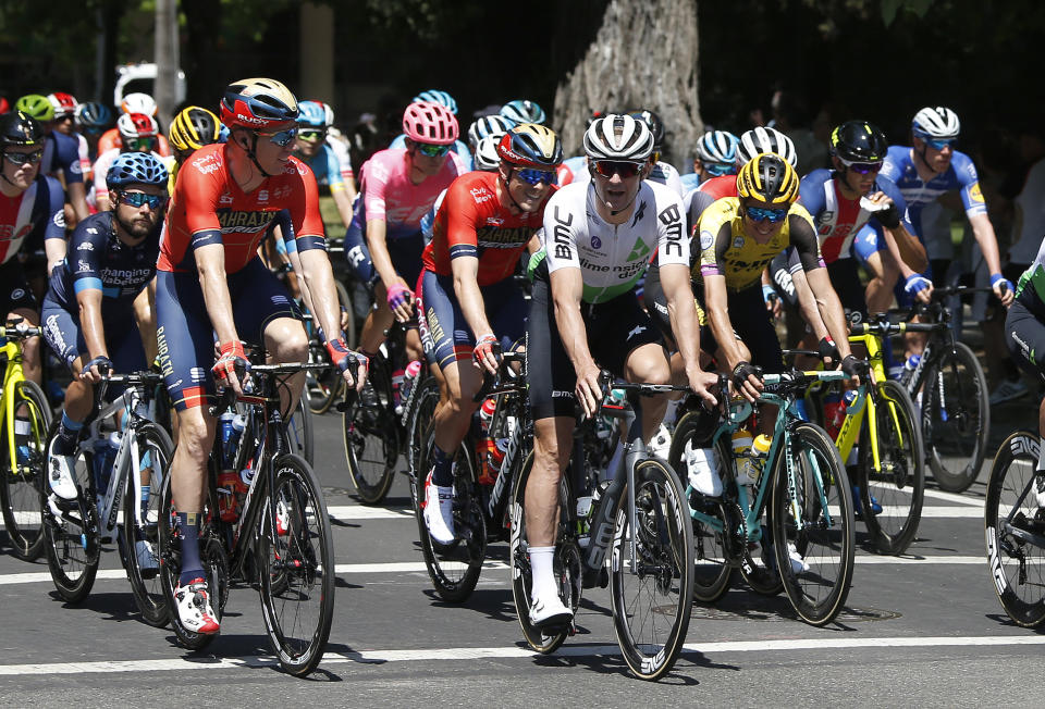 The riders begin the first stage of the Amgen Tour of California cycling race Sunday, May 12, 2019, in Sacramento, Calif. (AP Photo/Rich Pedroncelli)