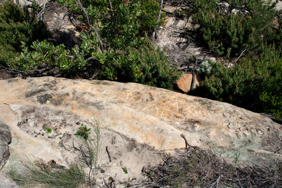 Discovered on a sandstone outcrop, just south of a decommissioned quarantine station, this carving reads "Rebecca will you marry me? Tim."