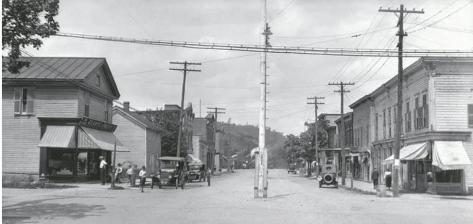 Hawley, Pa., circa 1910. A lot is different, a lot has not changed much... This was taken on Main Avenue looking north from the intersection with Keystone Street. At left is an Atlantic & Pacific (A&P) grocery market, which was replaced by the Hawley Bank in 1929. At right is the Joseph Skier Building. In the distance at left is the Odd Fellows Hall. Steam from a locomotive is visible in the distance. Louis Hensel photo.