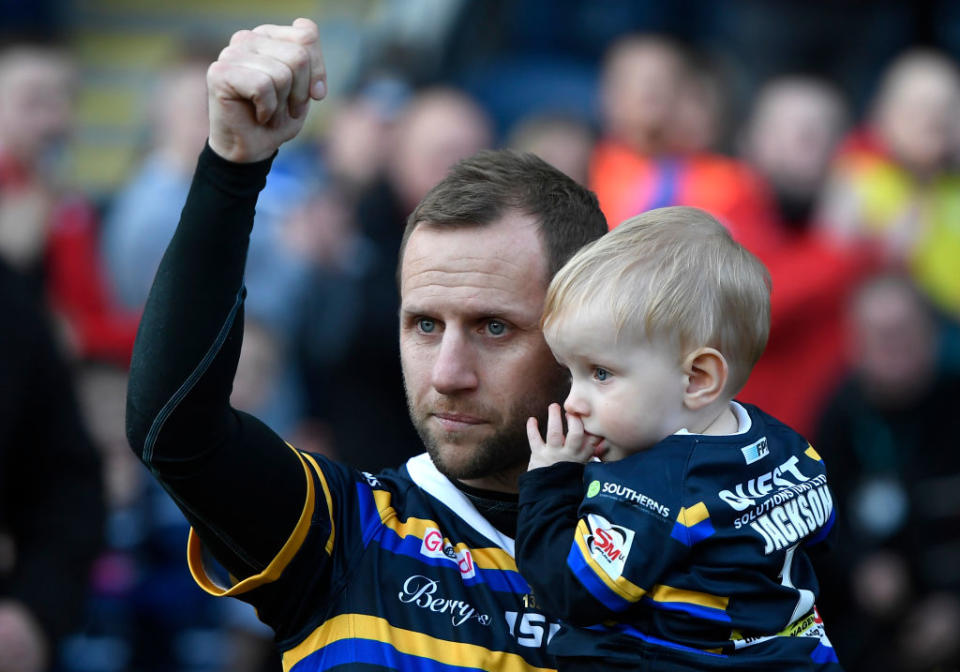 LEEDS, ENGLAND - JANUARY 12: Rob Burrow of Leeds Rhinos reacts ahead of the Jamie Jones-Buchanan testimonial between Leeds Rhinos and Bradford Bulls at Emerald Headingley Stadium on January 12, 2020 in Leeds, England. (Photo by George Wood/Getty Images)