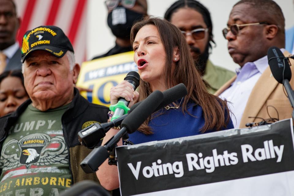 Florida Commissioner of Agriculture Nikki Fried speaks during a voting rights rally on the steps of the Historic Capitol on Thursday, Feb. 17, 2022.