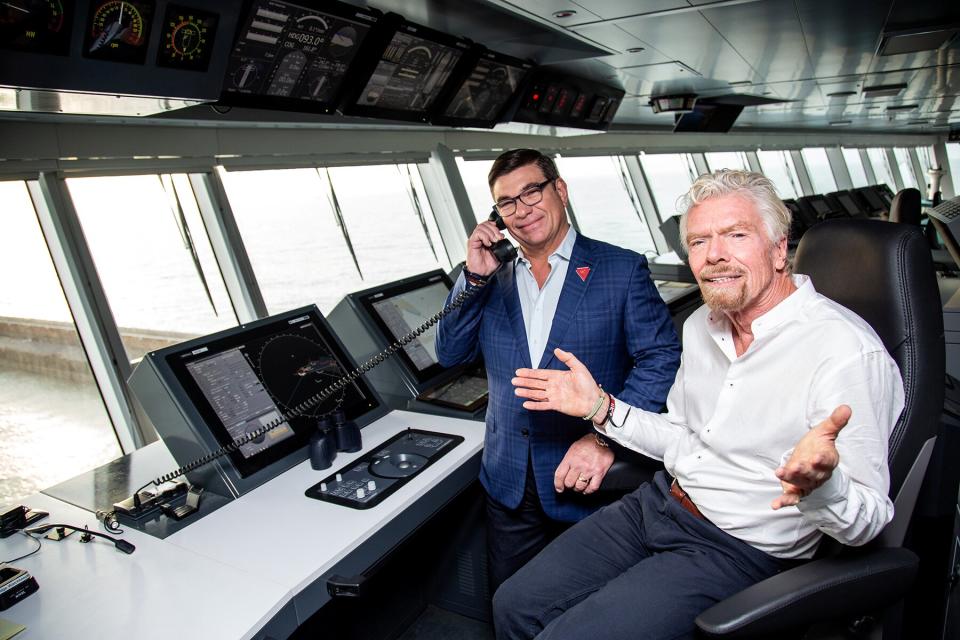 Richard Branson with Virgin Voyages CEO Tom McAlpin onboard the new Scarlet Lady Virgin Voyages cruise ship. 21 February 2020.