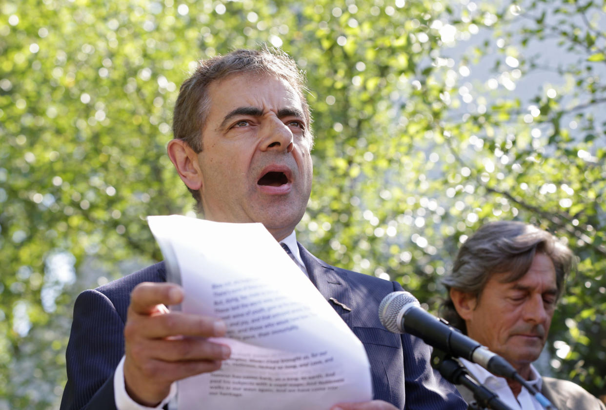 Rowan Atkinson in the No Man's Land garden, the Soldiers' Charity garden to mark the centenary of World War One, during the press day at the RHS Chelsea Flower Show, at the Royal Hospital in Chelsea, London.