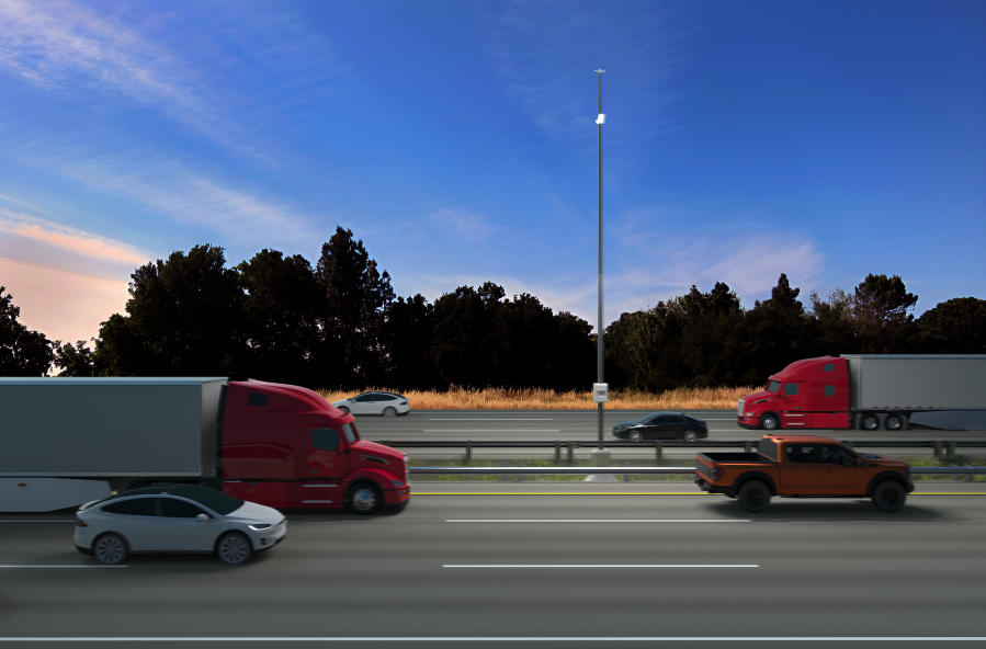 Animation of SH 130 Smart Freight Corridor showing poles holding technology designed to communicate road conditions to self-driving 18-wheelers (Courtesy Cavnue)