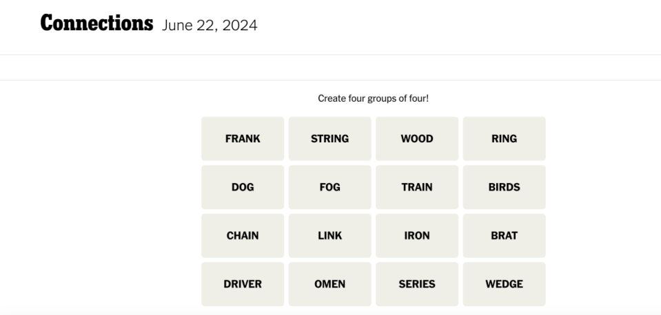 <em>Today's NYT Connections puzzle for Saturday, June 22,</em><em> 2024</em><p>New York Times</p>