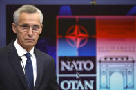 FILE - NATO Secretary-General Jens Stoltenberg speaks during a press conference at the NATO headquarters, Friday, Nov. 25, 2022 in Brussels, ahead of the Meeting of NATO Ministers of Foreign Affairs taking place on Nov. 29 and 30 in Bucharest, Romania. NATO returns on Tuesday to the scene of one of its most controversial decisions and where it intends to repeat its vow that Ukraine, now suffering through the tenth month of a war against Russia, will be able to join the world's biggest military alliance one day.(AP Photo/Olivier Matthys, File)