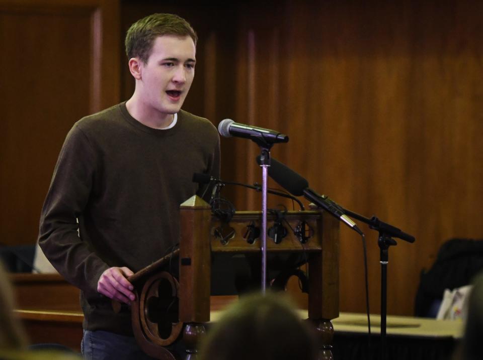 Oxford High School senior and shooting survivor Dylan Morris speaks Monday, Feb. 27, 2023, during the March for Our Lives rally in the Senate Hearing Room at Boji Tower in downtown Lansing, where MSU students and others demonstrated for changes to gun laws and policies.