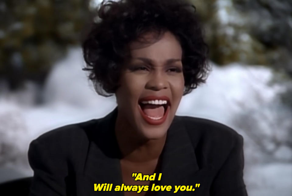 Whitney Houston sings "I Will Always Love You"