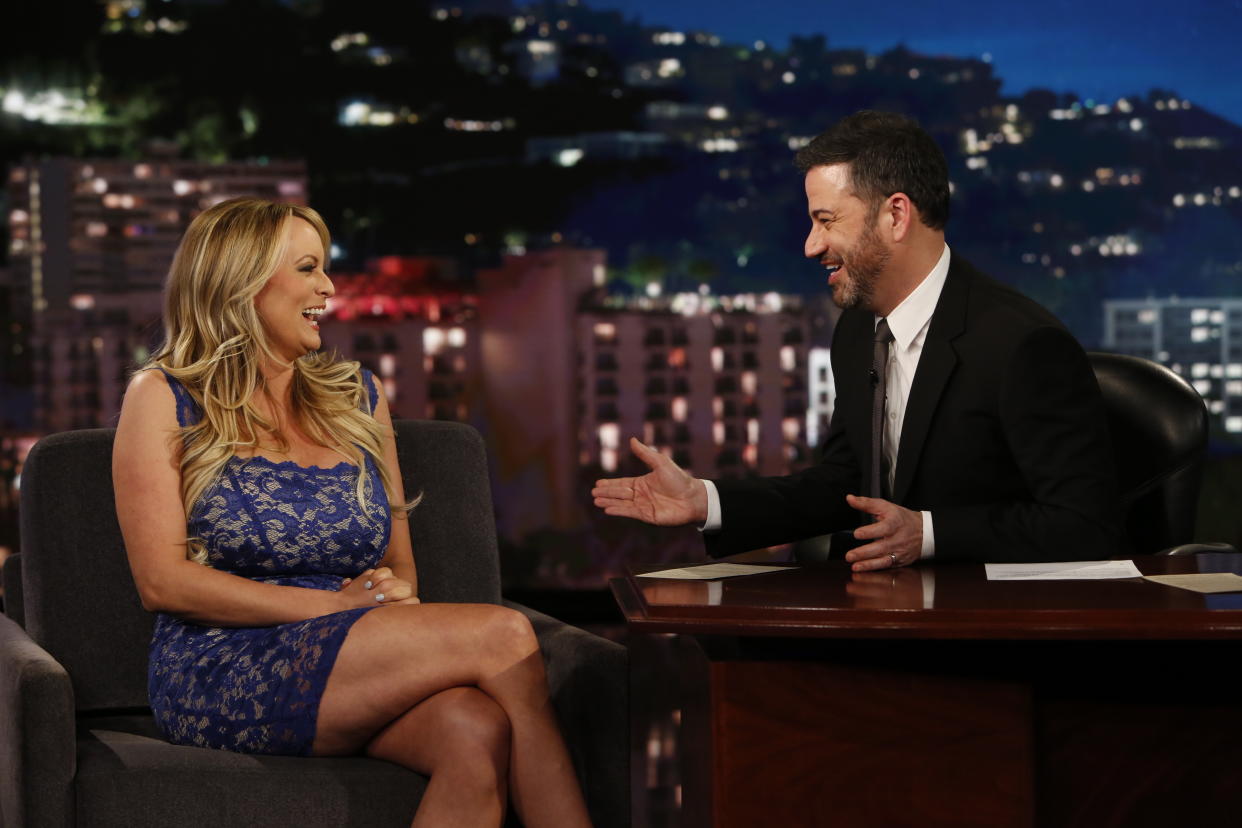 Stormy Daniels and Jimmy Kimmel. (Photo: Randy Holmes/ABC)