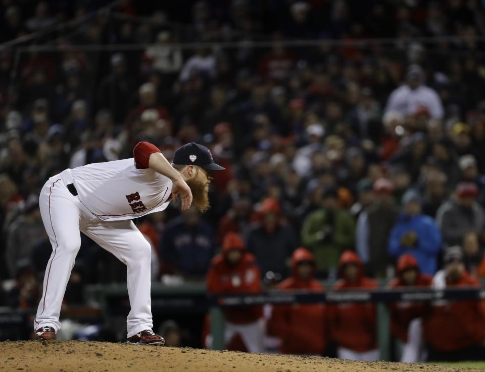 Boston Red Sox's Craig Kimbrel throws during the ninth inning of Game 2 of the World Series baseball game against the Los Angeles Dodgers Wednesday, Oct. 24, 2018, in Boston. (AP Photo/Matt Slocum)