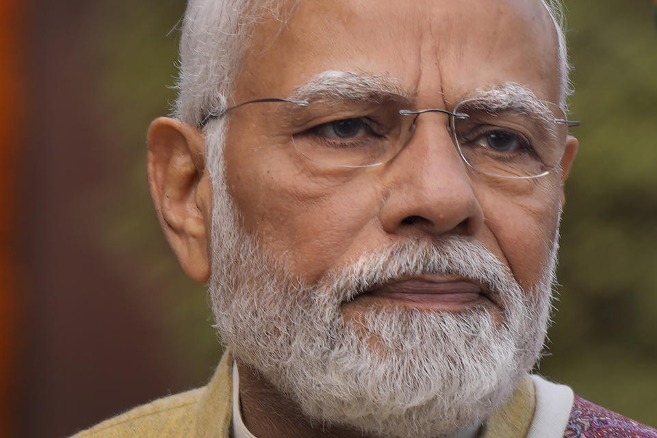 FILE - Indian Prime Minister Narendra Modi addresses media on the opening day of the Parliament's budget session, in New Delhi, India, Jan. 31, 2023. Policymakers of the Group of 20 leading economies should focus on helping the world's most vulnerable people, Prime Minister Narendra Modi said Friday, Feb. 24, 2023 as top-level financial talks kicked off in the Indian technology hub of Bengaluru. (AP Photo/Manish Swarup, File)