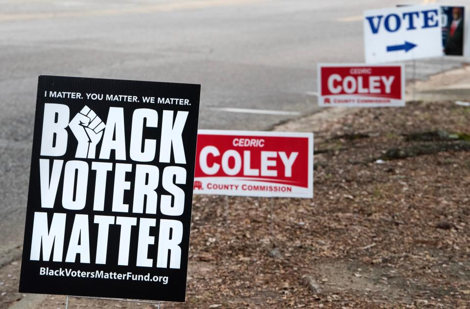 Signs outside of the Frazer United Methodist Church polling place during voting in the Super Tuesday Primary Election in Montgomery, Ala., on Tuesday March 5, 2024.
