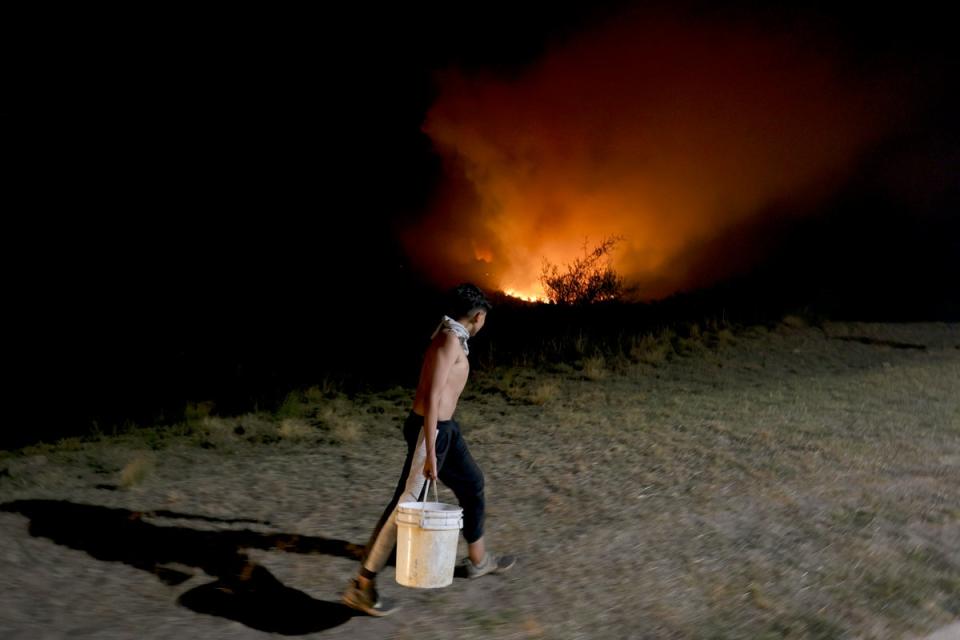 A man carries a bucket of water to help fight the forest fire behind him (AP)