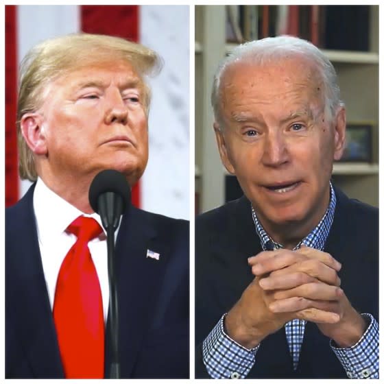 President Donald J. Trump, left, pictured during the State of the Union address earlier this year, and former Vice President Joe Biden delivering a virtual press conference in March. Their responses on Friday to the outrage that has followed the death of George Floyd were in stark contrast.