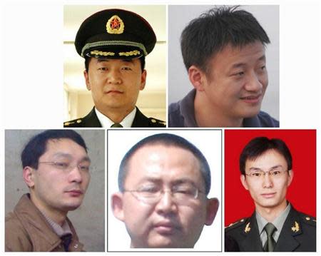 A combination photo shows five Chinese military officers who the U.S. has accused of cyber espionage. Top row: Sun Kailiang (L), Huang Zhenyu (R), bottom row L-R: Wen Xinyu, Wang Dong and Gu Chunhui in FBI released photos. REUTERS/FBI/Handout via Reuters