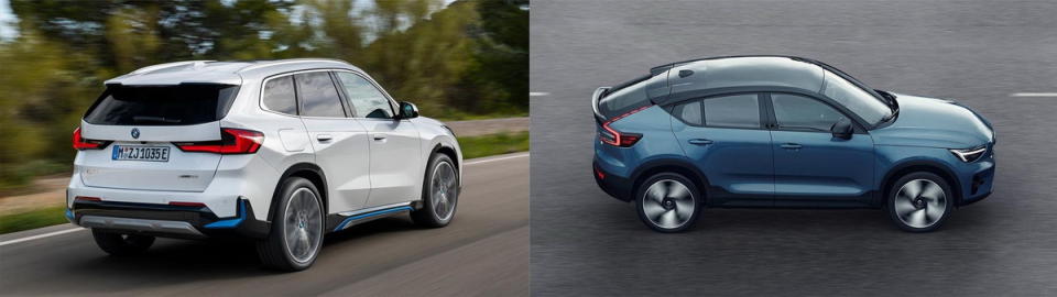 圖／一邊是充滿冒險靈魂的純電運動休旅BMW iX1 xDrive30 xLine，另一邊是強調科技美學的跨界跑旅Volvo C40 Recharge Ultimate Twin Motor，究竟該選誰好呢？
