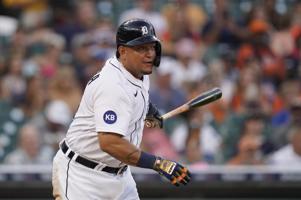 Detroit Tigers designated hitter Miguel Cabrera watches his singe during the fourth inning of a baseball game against the Cleveland Guardians, Tuesday, July 5, 2022, in Detroit. (AP Photo/Carlos Osorio)