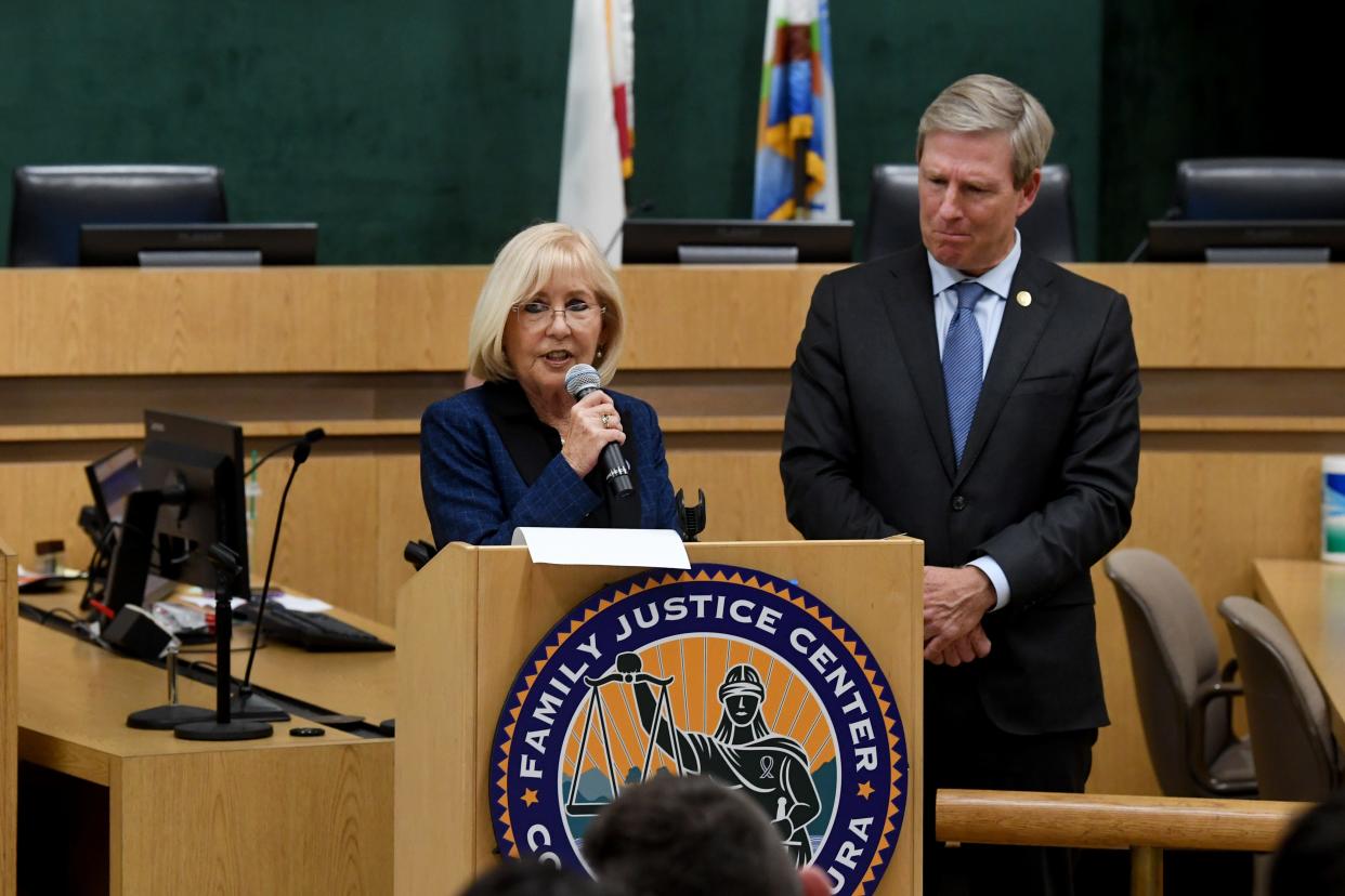 Ventura County Supervisor Janice Parvin, left, with District Attorney Erik Nasarenko, presents a declaration commemorating National Crime Victims Rights Week during a ceremony at Simi Valley City Hall in 2023. Parvin is hosting a meeting for a proposed East County family justice center Tuesday evening.
