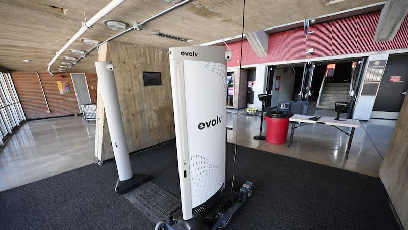 Metal detectors are set up at the Huntsman Center in Salt Lake City on Wednesday, May 1, 2024. In the aftermath of a pair of pro-Palestinian protests, University of Utah moves ahead to planned commencement exercises. Weapons detectors will be used at each venue and other restrictions similar to those for athletic events will be observed.