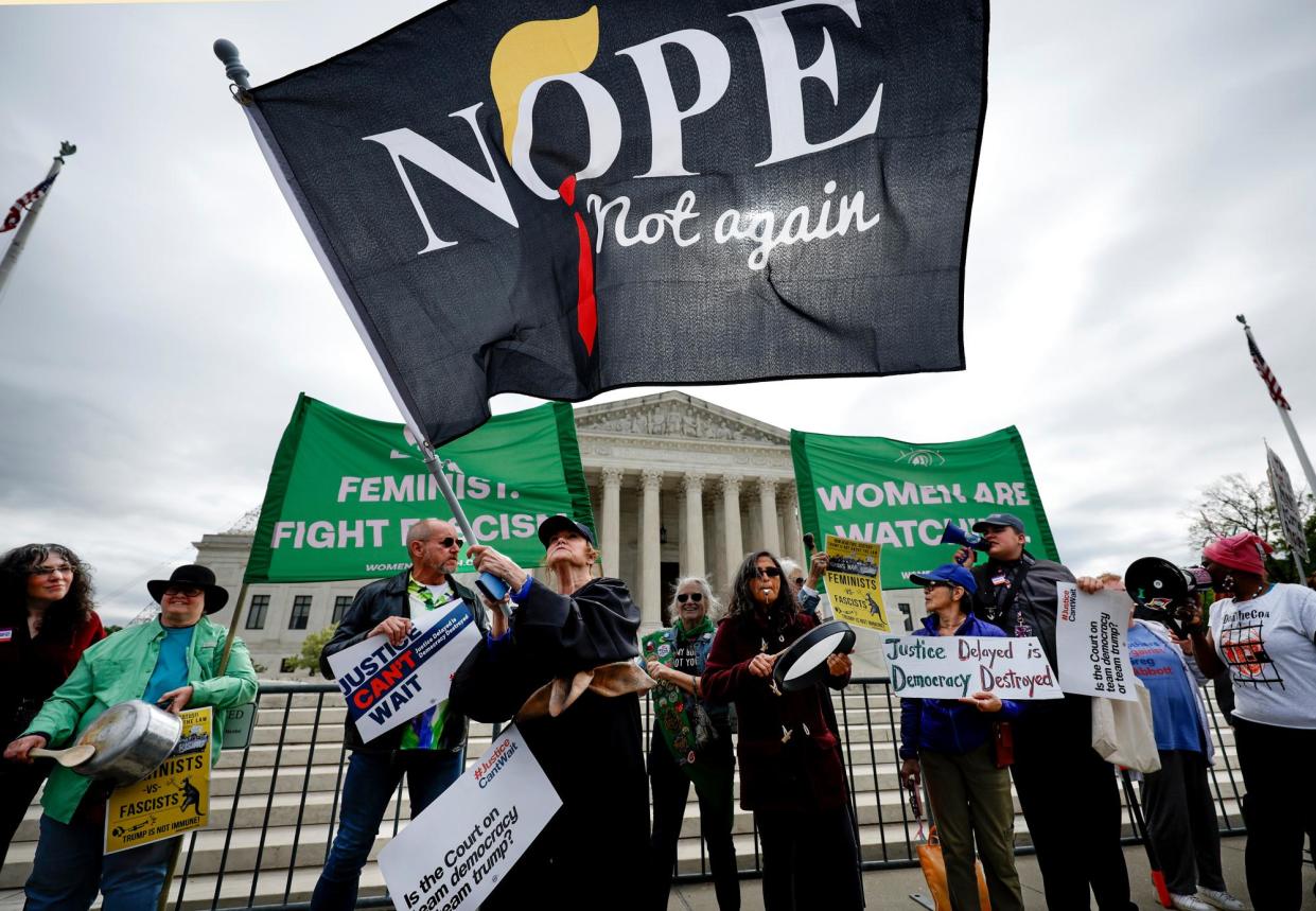 <span>People protest outside the supreme court in Washington DC on 25 April 2024.</span><span>Photograph: Kevin Dietsch/Getty Images</span>