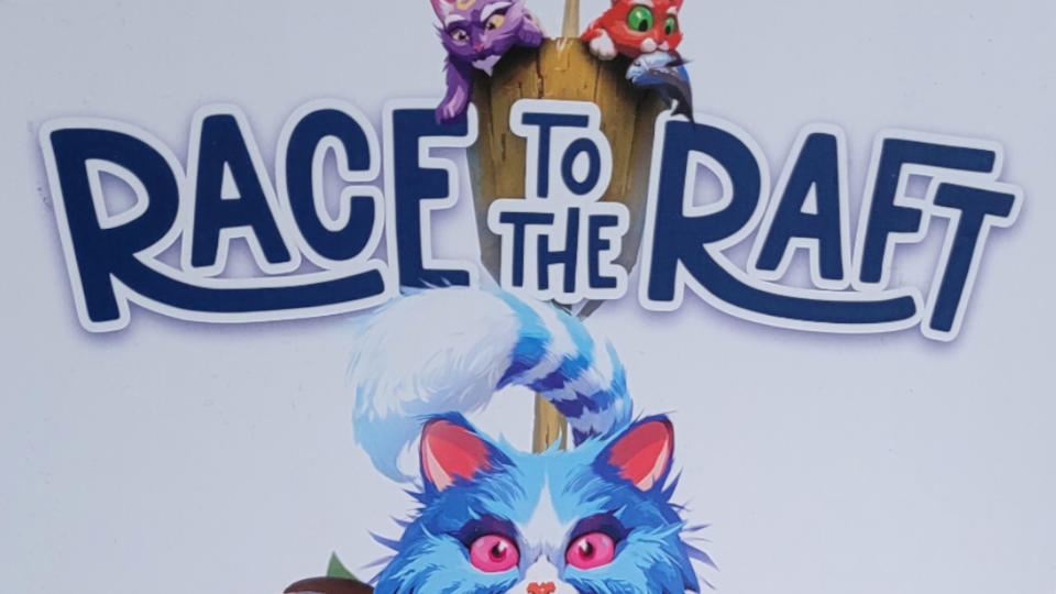 Boxart from Race to the Raft, with the logo and three cats around it