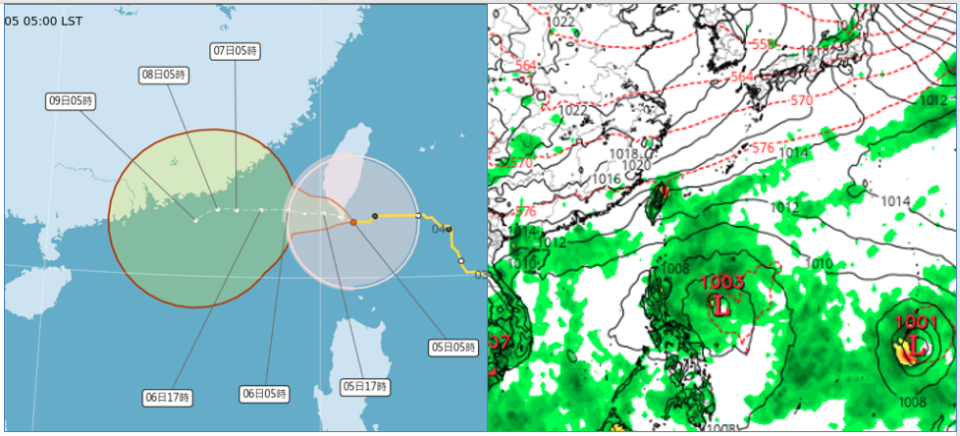 最新中央氣象署「路徑潛勢預測圖」（左圖）顯示，「中颱小犬」在台灣南端附近，將進入台灣海峽南部，繼續偏西前進。最新歐洲模式10日20時模擬圖（右圖）顯示，熱帶擾動在呂宋島東側發展並向西移動；另一擾動在關島附近醞釀。（翻攝自三立準氣象.老大洩天機／右圖擷自tropical tidbits）