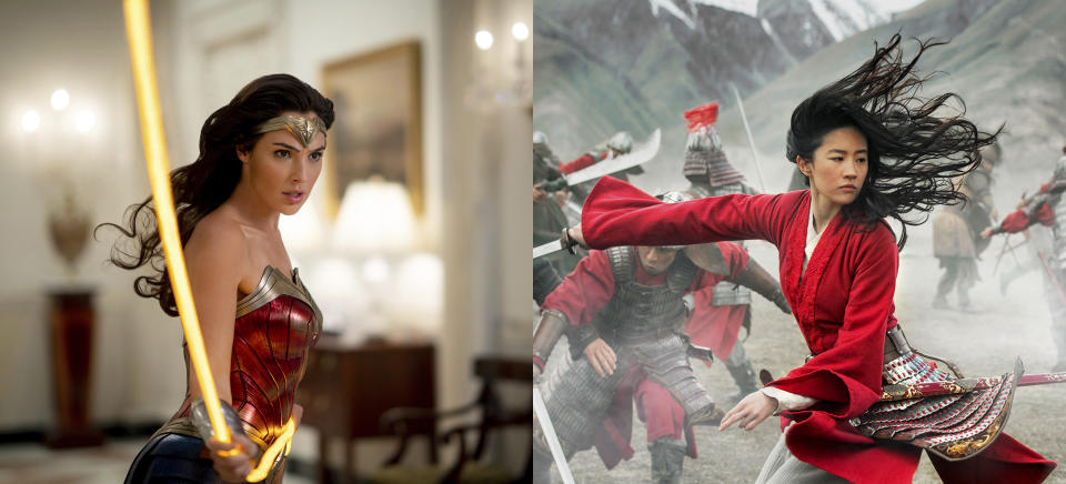 Gal Gadot en una escena de "Wonder Woman 1984" de Warner Bros. Pictures, izquierda, y Yifei Liu en una escena de "Mulan" de Disney. (Warner Bros. via AP, izquierda, y Disney via AP)