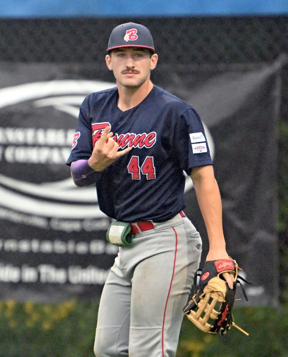 Derek Bender of the Bourne Braves reacts to making a catch on a Hyannis fly ball.