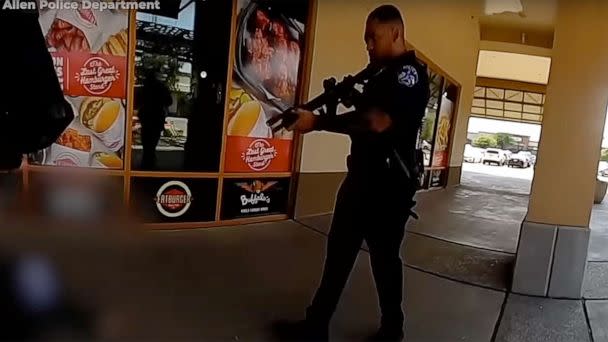 PHOTO: Body-camera video released by the Allen, Texas Police Department of a police officer rushing to the sound of shots fired at an outlet mall, May 6, 2023. (Allen Texas Police Department)